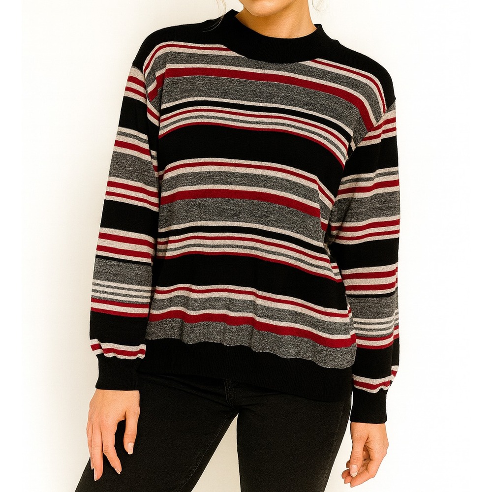 Alfred Dunner Sweater Women's XL Black Red White StripeLong Sleeve Mock Neck